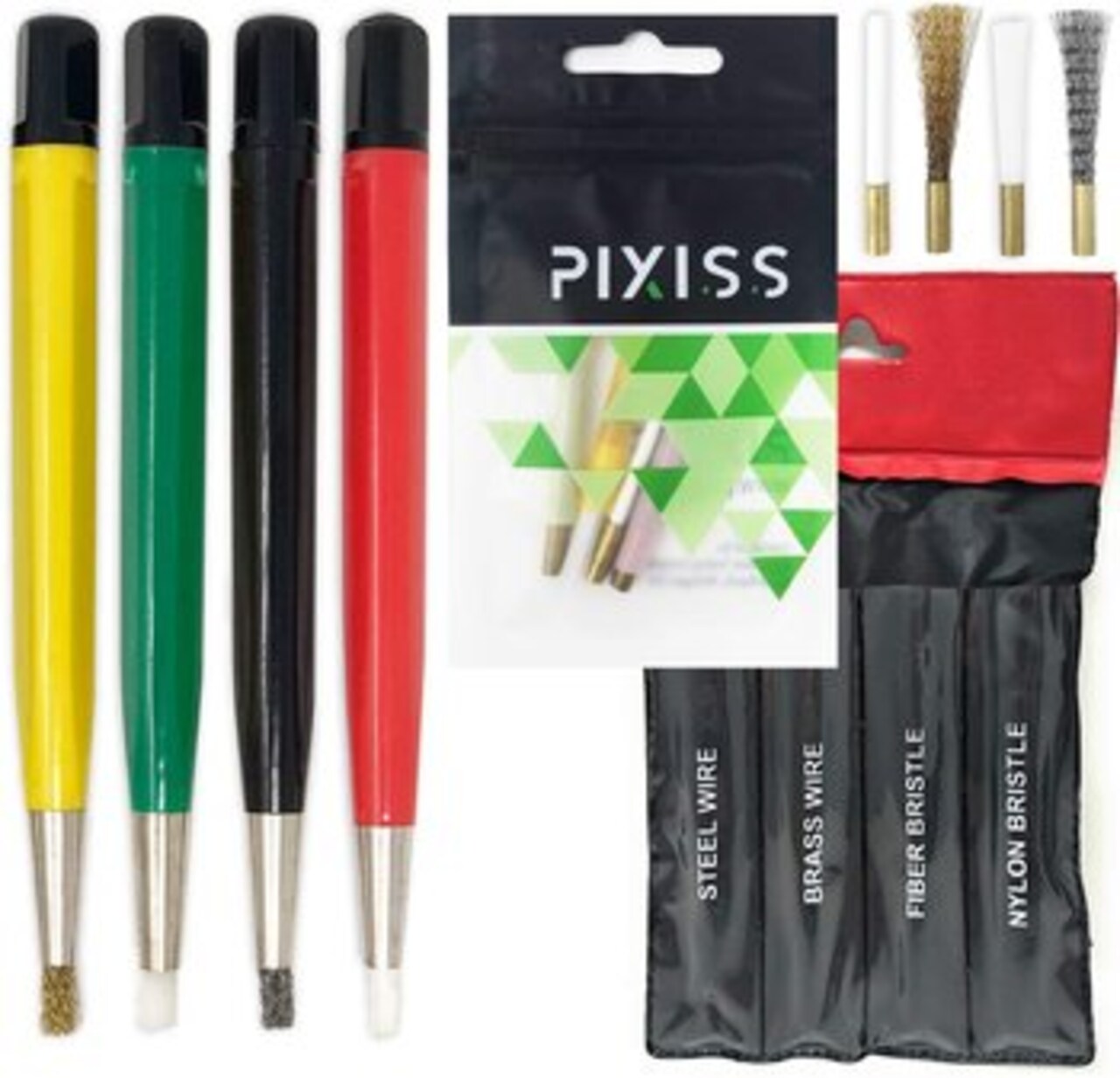 Pixiss Scratch Brush Pen Set With Replacement Tips, Fiberglass, Steel, Brass, Nylon, 5-inches Pen Style Prep Sanding Brush 4-Pack For Corrosion, Rust, Jewelry, Circuit Boards and Auto Body Work
